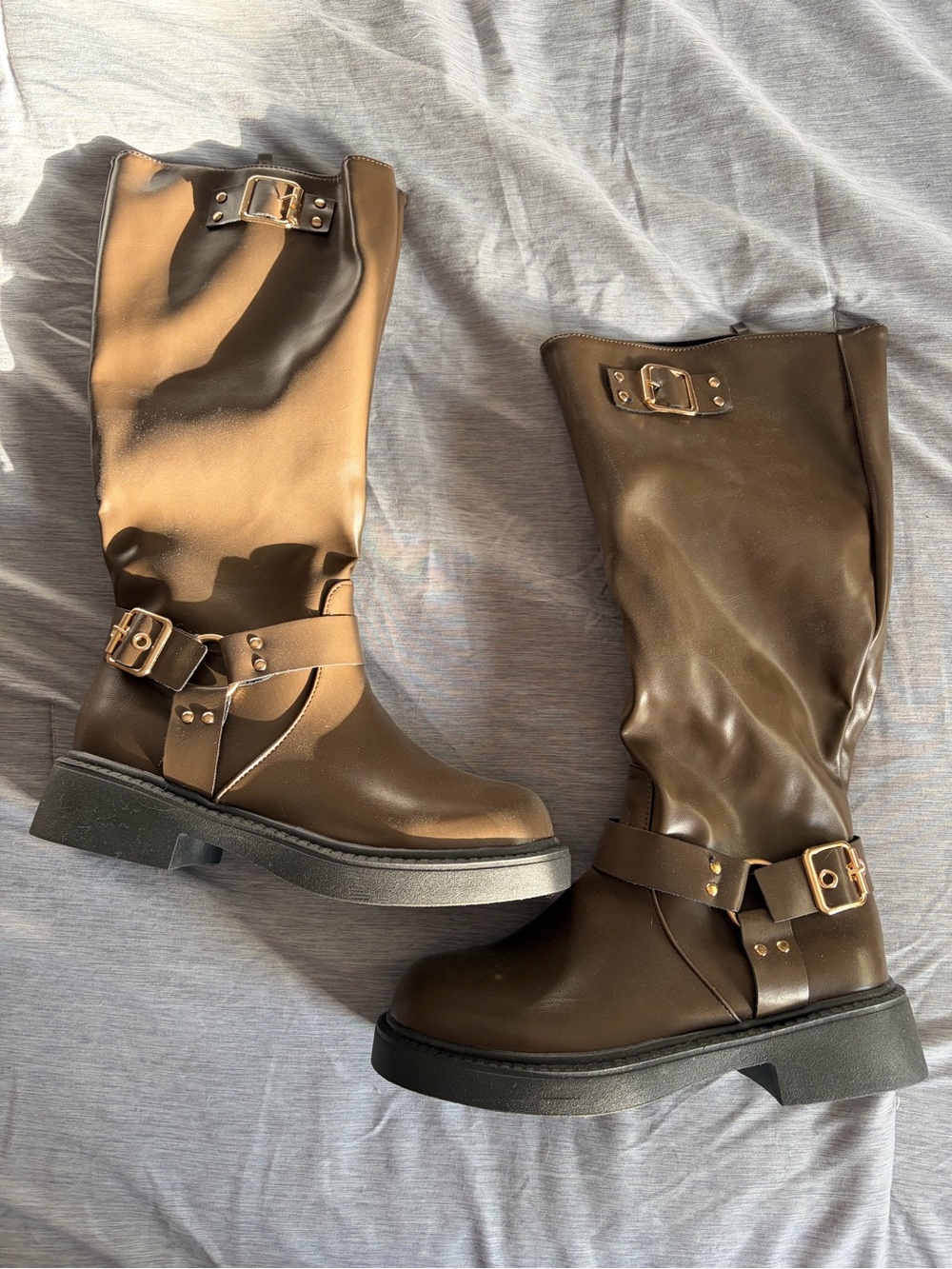 Women's Brown Buckle Mid-Calf Boots - SHEIN